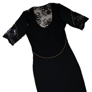 Lace & Gold Studs Embellished Women's Black Dress